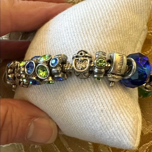 Elegant Silver Pandora Style Charm Bracelet w/ Blue, Green & Baby type Accents - Picture 3 of 5